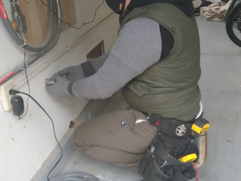 Electrician performing outlet wiring in a Chattanooga garage